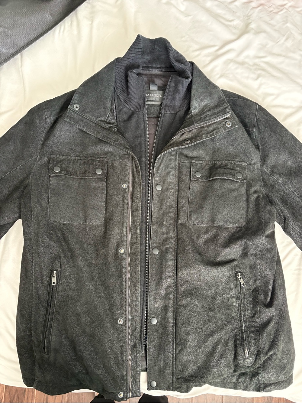 Danier Black Leather Bomber Jacket with Ribbed Collar